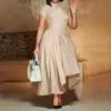 Womens Elegant High Waist Midi Dress Peter Pan Collar Short Sleeve Solid Pleated Big Swing Evening Party