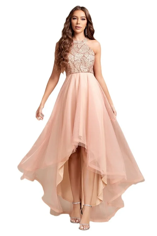 Womens Gold Sequin Halter Sleeveless Tulle Asymmetrical Party Ball Gown