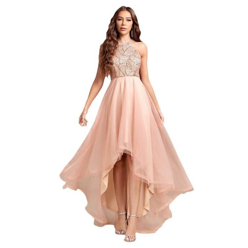 Womens Gold Sequin Halter Sleeveless Tulle Asymmetrical Party Ball Gown