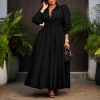Womens Elegant Solid Puff Long Sleeve High Waist Office Commute Maxi Shirt Dress