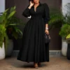 Womens Elegant Solid Puff Long Sleeve High Waist Office Commute Maxi Shirt Dress