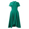Womens Elegant High Waist Midi Dress Peter Pan Collar Short Sleeve Solid Pleated Big Swing Evening Party