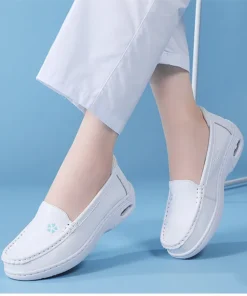 Womens White Nurse Shoes Leather Open Flat Heel Breathable Deodorizing Non-Slip
