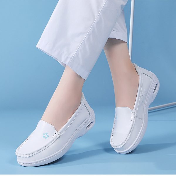 Womens White Nurse Shoes Leather Open Flat Heel Breathable Deodorizing Non-Slip