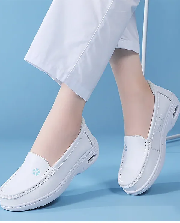 Womens White Nurse Shoes Leather Open Flat Heel Breathable Deodorizing Non-Slip