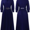 Plus Size Solid Midi Umbrella Dress V Neck 3/4 Sleeve High Waist Elegant
