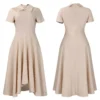 Womens Elegant High Waist Midi Dress Peter Pan Collar Short Sleeve Solid Pleated Big Swing Evening Party