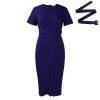 Womens Elegant Solid V-Neck Short Sleeve Belted Pencil Midi Work Dress