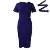 Womens Elegant Solid V-Neck Short Sleeve Belted Pencil Midi Work Dress