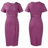 Womens Elegant Solid V-Neck Short Sleeve Belted Pencil Midi Work Dress
