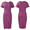 Womens Elegant Solid V-Neck Short Sleeve Belted Pencil Midi Work Dress