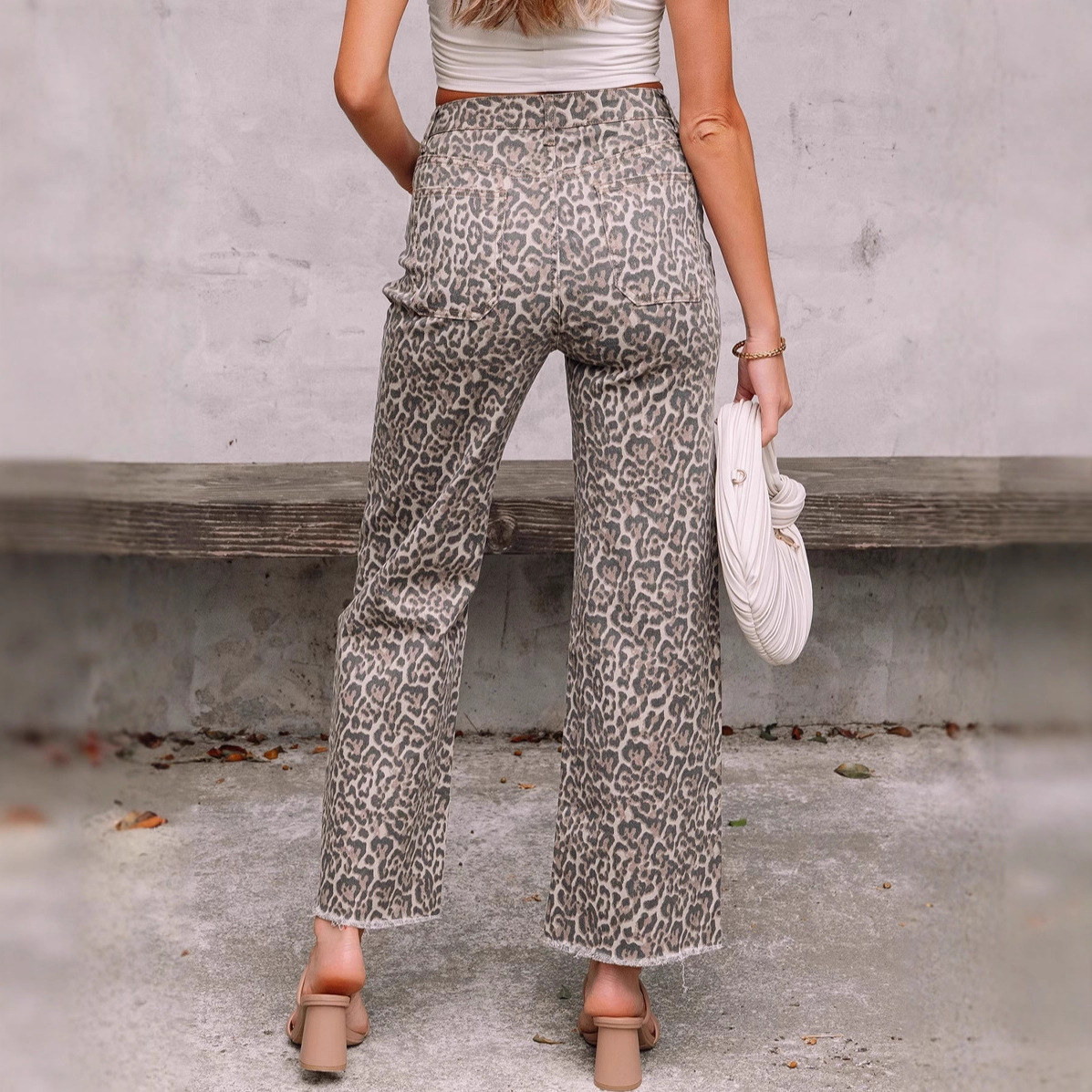 Womens High Waist Leopard Print Straight Leg Jeans Vintage Summer Stretch Pants