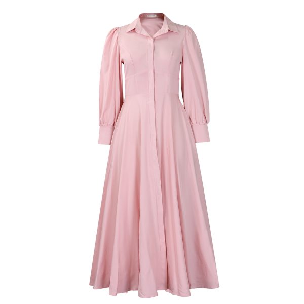 Womens Elegant Solid Puff Long Sleeve High Waist Office Commute Maxi Shirt Dress