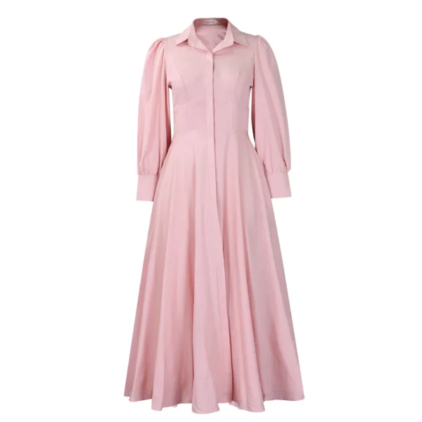 Womens Elegant Solid Puff Long Sleeve High Waist Office Commute Maxi Shirt Dress