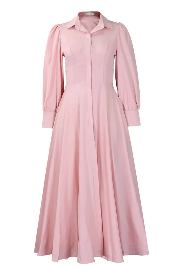 Womens Elegant Solid Puff Long Sleeve High Waist Office Commute Maxi Shirt Dress