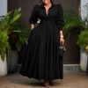 Womens Elegant Solid Puff Long Sleeve High Waist Office Commute Maxi Shirt Dress