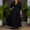 Womens Elegant Solid Puff Long Sleeve High Waist Office Commute Maxi Shirt Dress