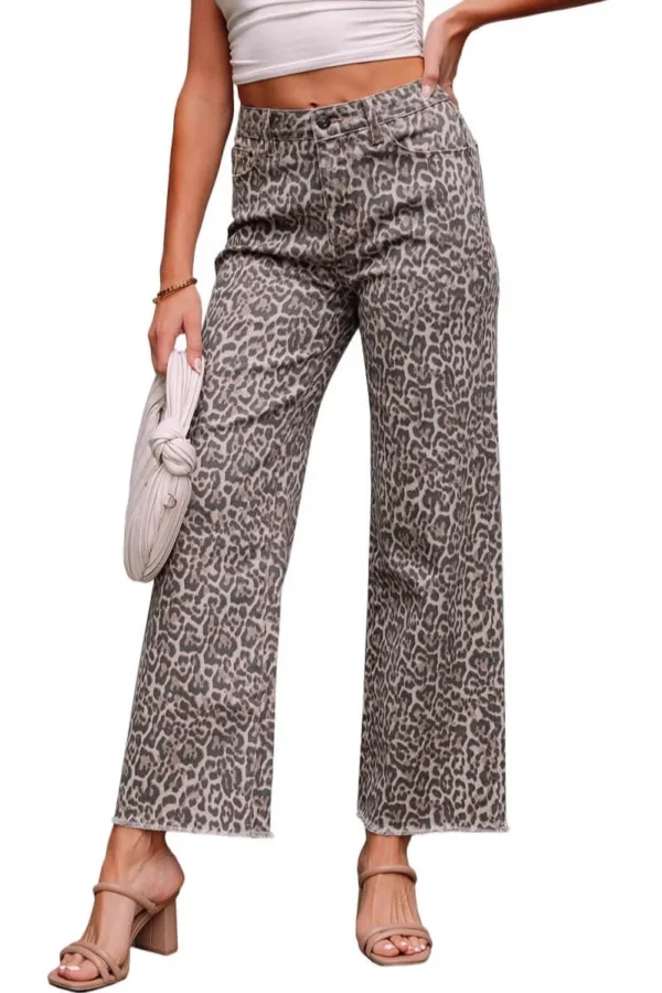 Womens High Waist Leopard Print Straight Leg Jeans Vintage Summer Stretch Pants
