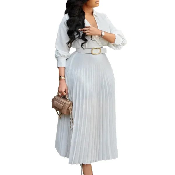 Plus Size Solid Midi Umbrella Dress V Neck 3/4 Sleeve High Waist Elegant