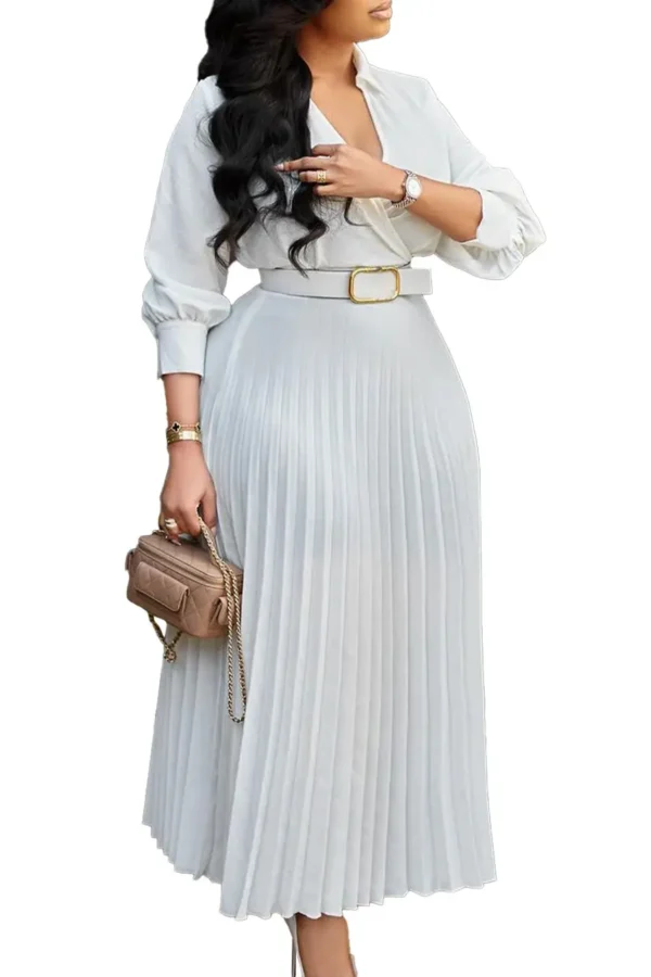 Plus Size Solid Midi Umbrella Dress V Neck 3/4 Sleeve High Waist Elegant