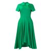 Womens Elegant High Waist Midi Dress Peter Pan Collar Short Sleeve Solid Pleated Big Swing Evening Party