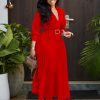 Plus Size Solid Midi Umbrella Dress V Neck 3/4 Sleeve High Waist Elegant