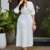 Plus Size Solid Midi Umbrella Dress V Neck 3/4 Sleeve High Waist Elegant
