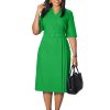Womens Elegant Solid V-Neck Short Sleeve Belted Pencil Midi Work Dress