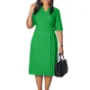 Womens Elegant Solid V-Neck Short Sleeve Belted Pencil Midi Work Dress