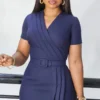 Womens Elegant Solid V-Neck Short Sleeve Belted Pencil Midi Work Dress