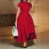 Womens Elegant High Waist Midi Dress Peter Pan Collar Short Sleeve Solid Pleated Big Swing Evening Party