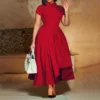 Womens Elegant High Waist Midi Dress Peter Pan Collar Short Sleeve Solid Pleated Big Swing Evening Party