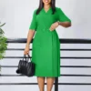 Womens Elegant Solid V-Neck Short Sleeve Belted Pencil Midi Work Dress