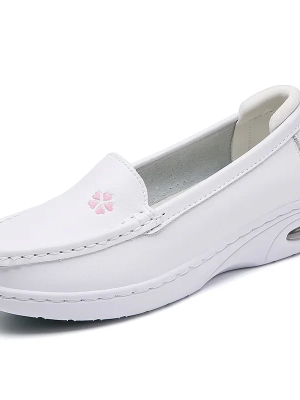 Womens White Nurse Shoes Leather Open Flat Heel Breathable Deodorizing Non-Slip