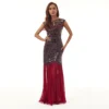 1920s Vintage Sequin Beaded Mesh Sleeveless Elegant Evening Dress Long Small Train