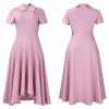 Womens Elegant High Waist Midi Dress Peter Pan Collar Short Sleeve Solid Pleated Big Swing Evening Party