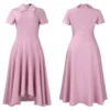 Womens Elegant High Waist Midi Dress Peter Pan Collar Short Sleeve Solid Pleated Big Swing Evening Party