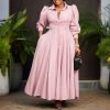 Womens Elegant Solid Puff Long Sleeve High Waist Office Commute Maxi Shirt Dress
