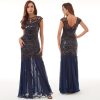 1920s Vintage Sequin Beaded Mesh Sleeveless Elegant Evening Dress Long Small Train
