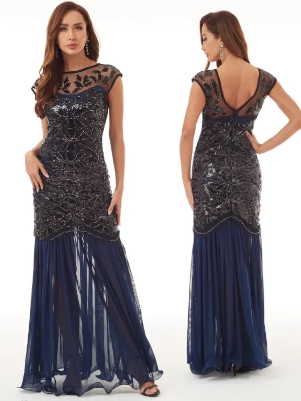 1920s Vintage Sequin Beaded Mesh Sleeveless Elegant Evening Dress Long Small Train