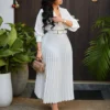 Plus Size Solid Midi Umbrella Dress V Neck 3/4 Sleeve High Waist Elegant