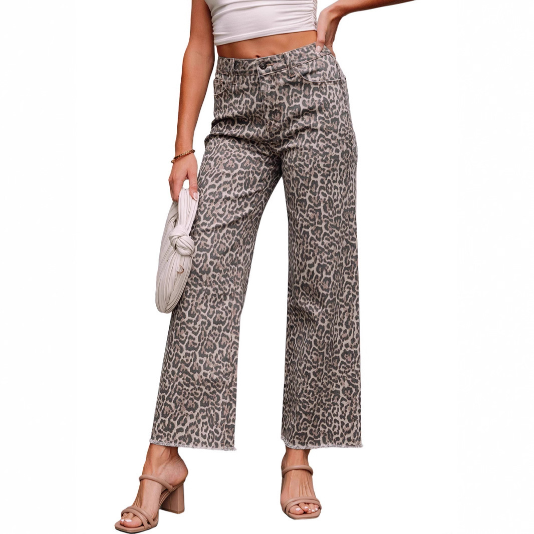 Womens High Waist Leopard Print Straight Leg Jeans Vintage Summer Stretch Pants