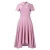 Womens Elegant High Waist Midi Dress Peter Pan Collar Short Sleeve Solid Pleated Big Swing Evening Party