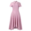 Womens Elegant High Waist Midi Dress Peter Pan Collar Short Sleeve Solid Pleated Big Swing Evening Party