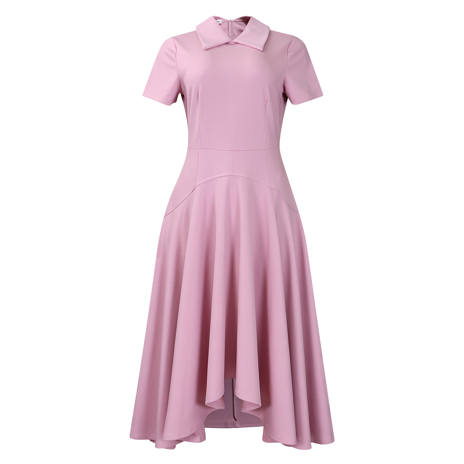 Womens Elegant High Waist Midi Dress Peter Pan Collar Short Sleeve Solid Pleated Big Swing Evening Party
