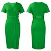 Womens Elegant Solid V-Neck Short Sleeve Belted Pencil Midi Work Dress
