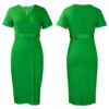 Womens Elegant Solid V-Neck Short Sleeve Belted Pencil Midi Work Dress