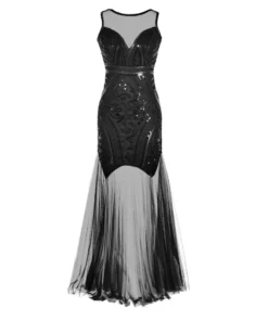 Plus Size Womens 1920s Vintage Sequin Tulle Sleeveless Evening Dress