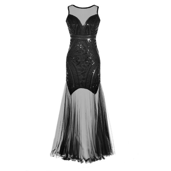 Plus Size Womens 1920s Vintage Sequin Tulle Sleeveless Evening Dress