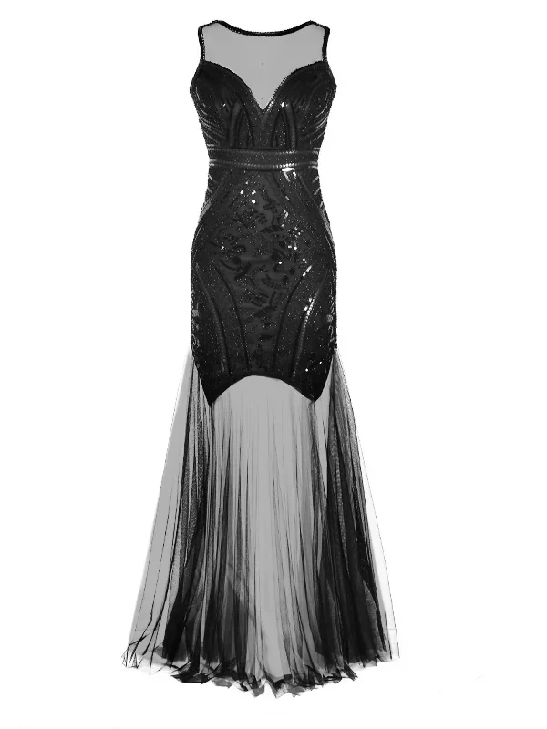 Plus Size Womens 1920s Vintage Sequin Tulle Sleeveless Evening Dress